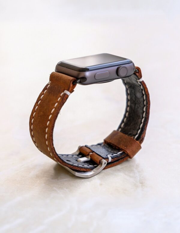 Hand Stitched Leather Apple Watch Band Brown - Image 2